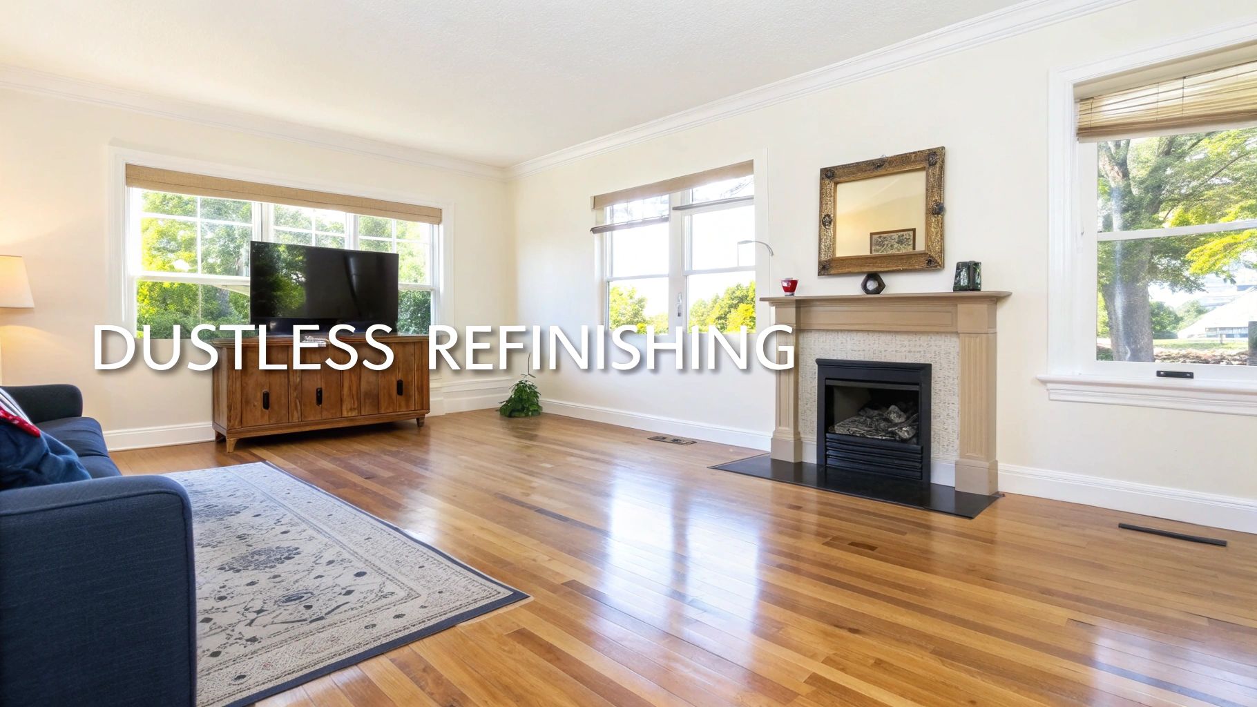 A beautifully refinished hardwood floor in a bright, clean living room.