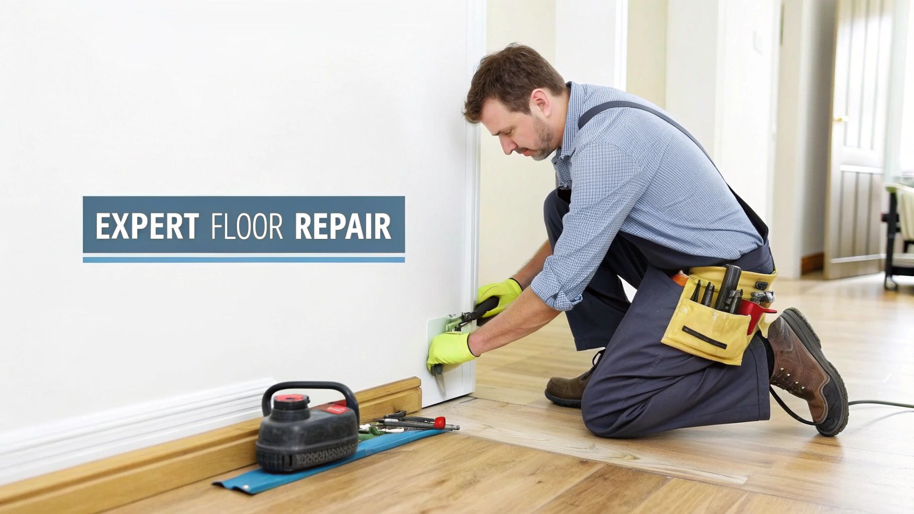 Professional flooring contractor in blue shirt installing wooden floor planks near white baseboard