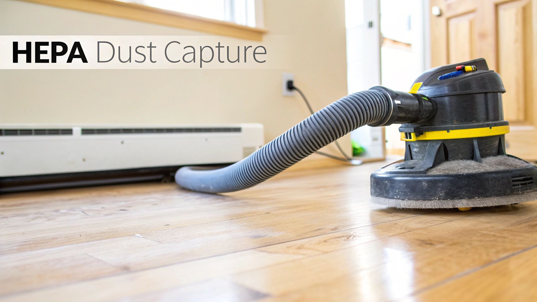 A close-up of a state-of-the-art dustless sanding machine in action on a hardwood floor.