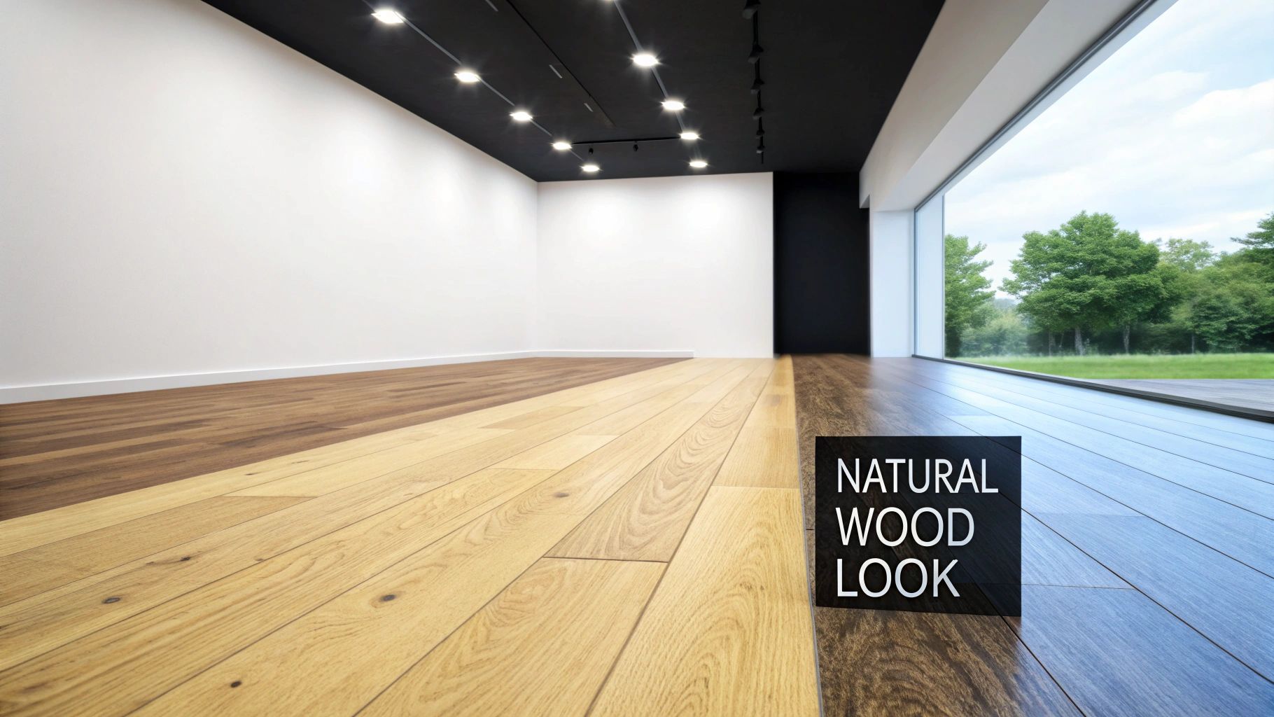 A showroom floor showcasing different shades of natural wood look flooring, with a window view.