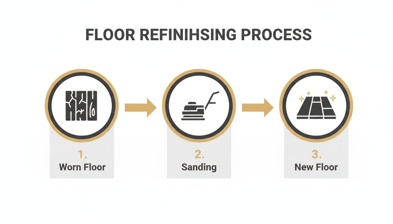 Illustration showing the three-step floor refinishing process: worn floor, sanding, and new floor.