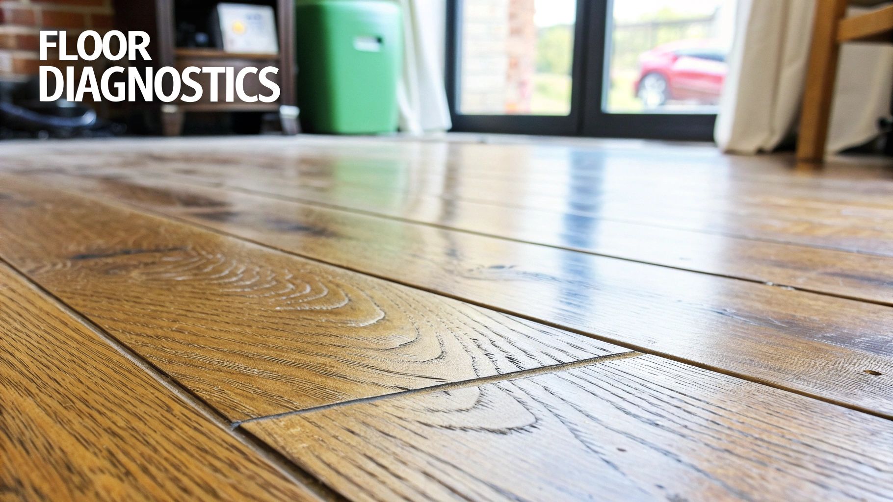 A close-up view of an engineered hardwood floor, showing details of the wood grain and finish.