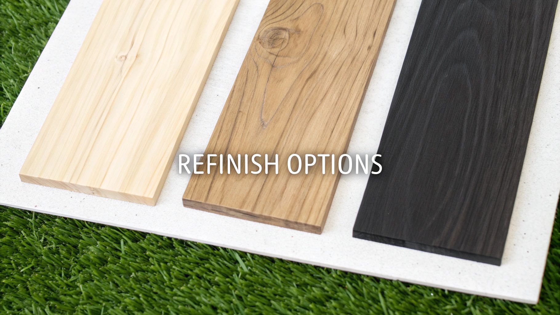 Various wood refinish options displayed on three planks, from natural light to dark black.
