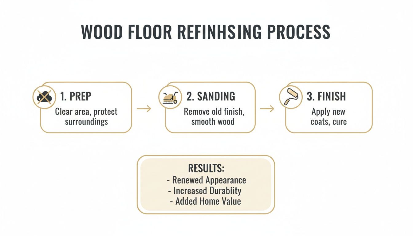 Infographic detailing the 3-step wood floor refinishing process: prep, sanding, and finish, with resulting benefits.