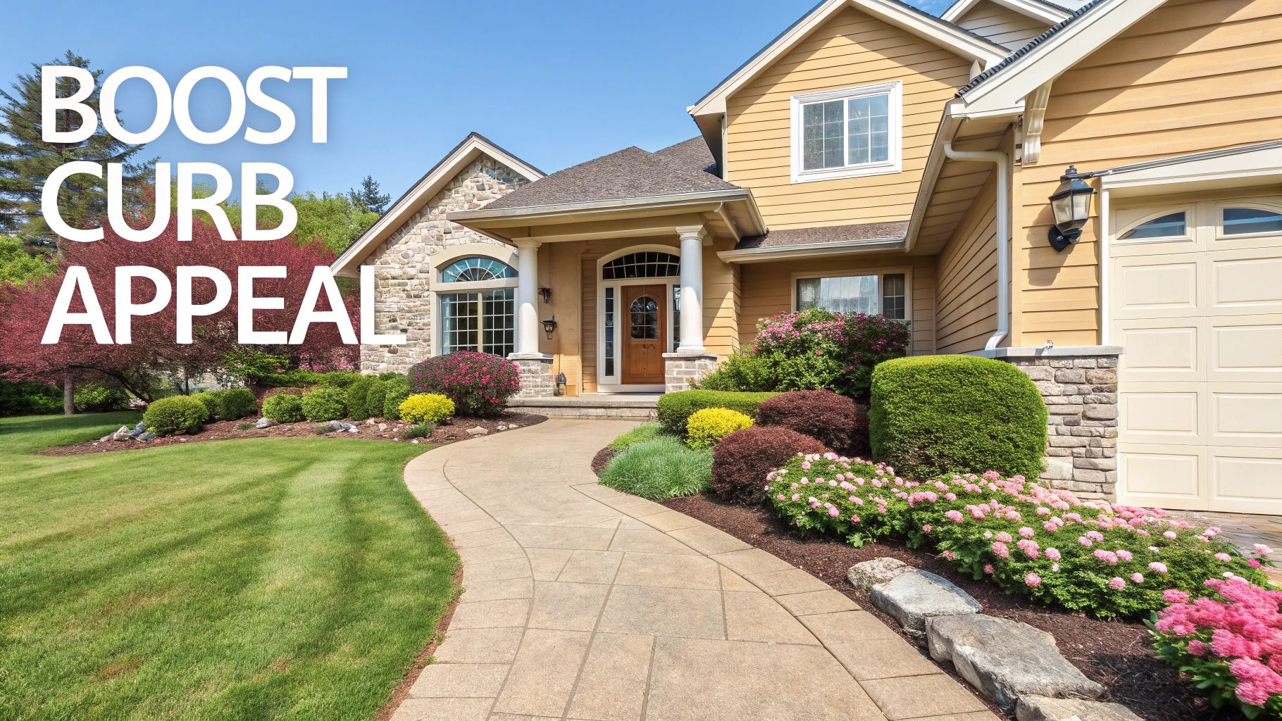 A beautiful home with excellent curb appeal, featuring a well-manicured lawn, fresh paint, and clean walkway.