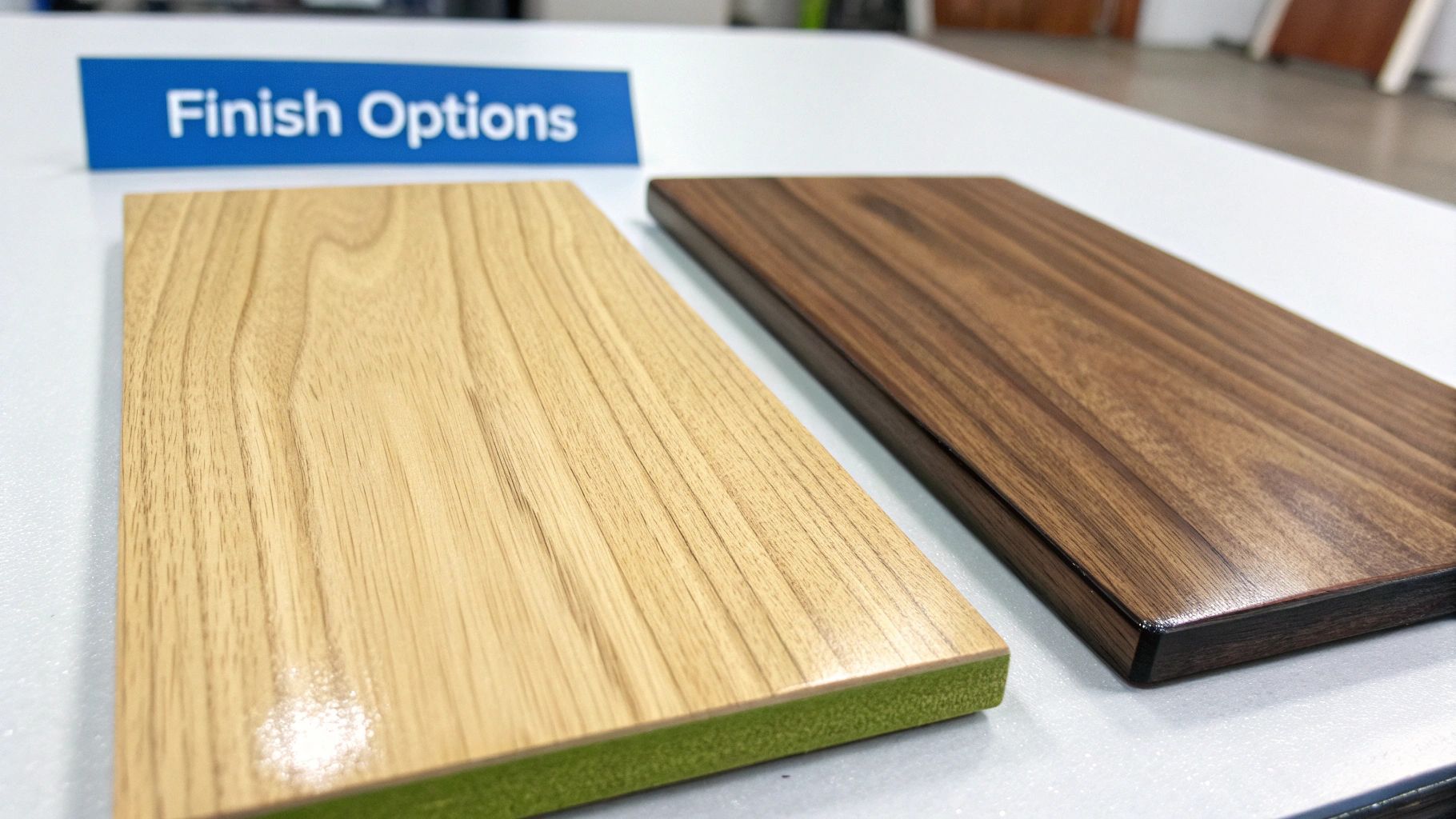A close-up of different polyurethane sheen levels on wood samples, from matte to gloss.