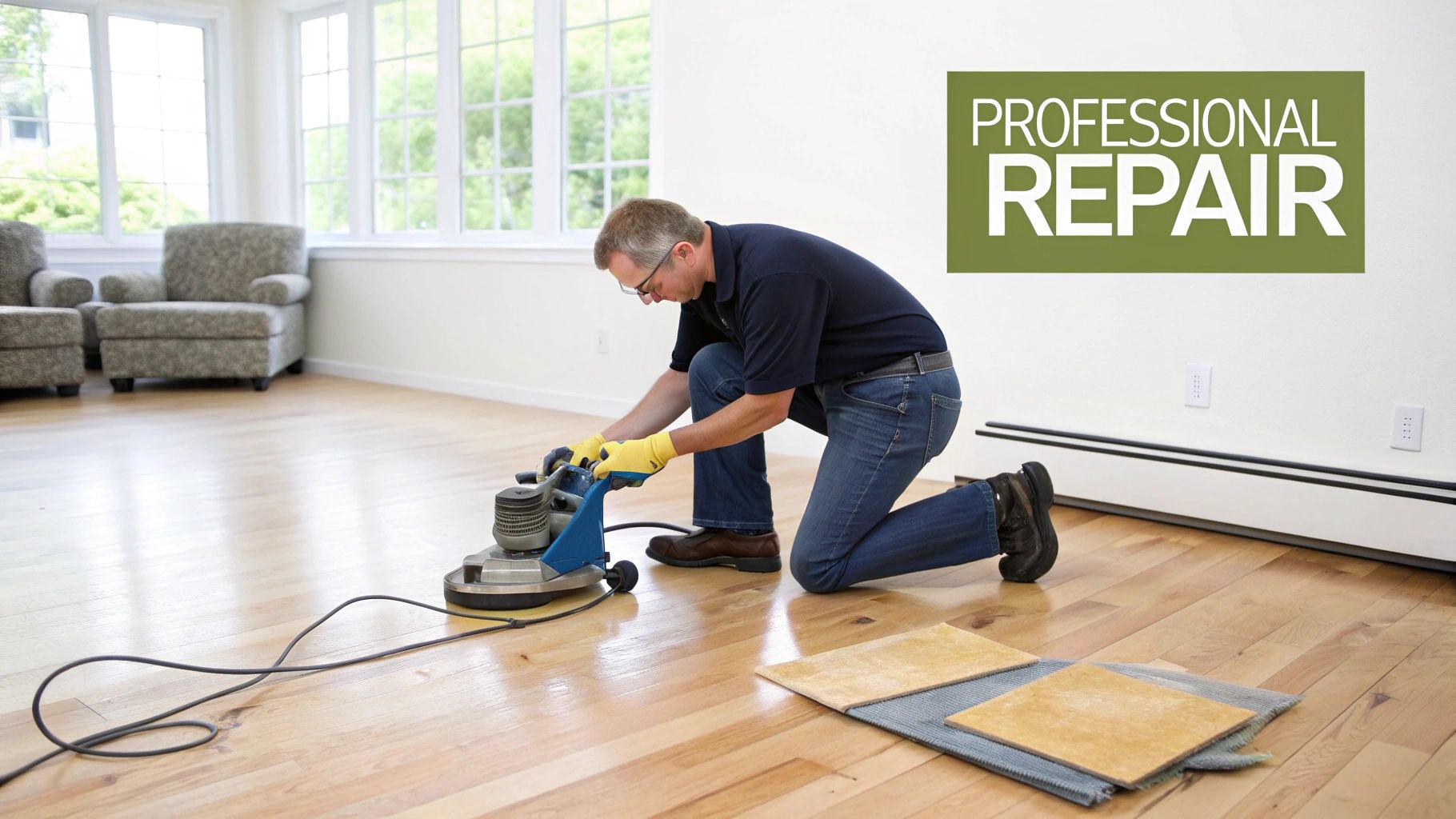 A professional man repairs a light wooden floor with a floor sander, 'PROFESSIONEAL REPAIR' text.