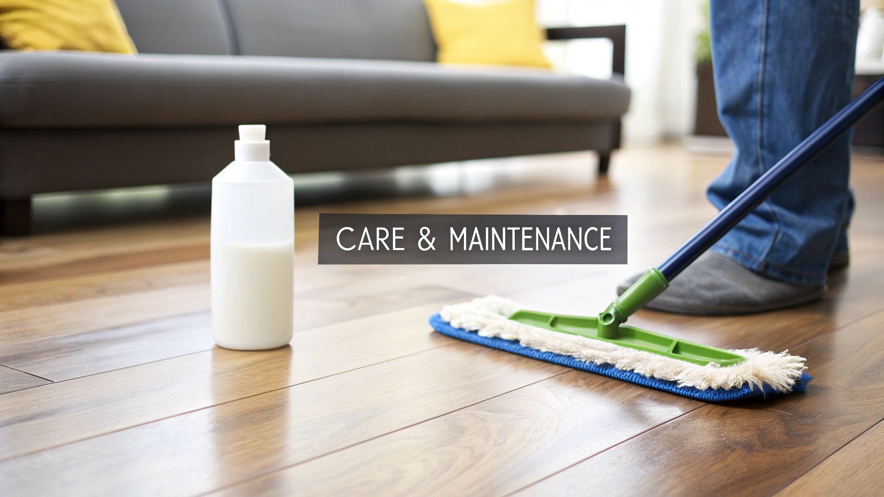 A person cleaning a shiny hardwood floor with a flat mop and a bottle of cleaner.