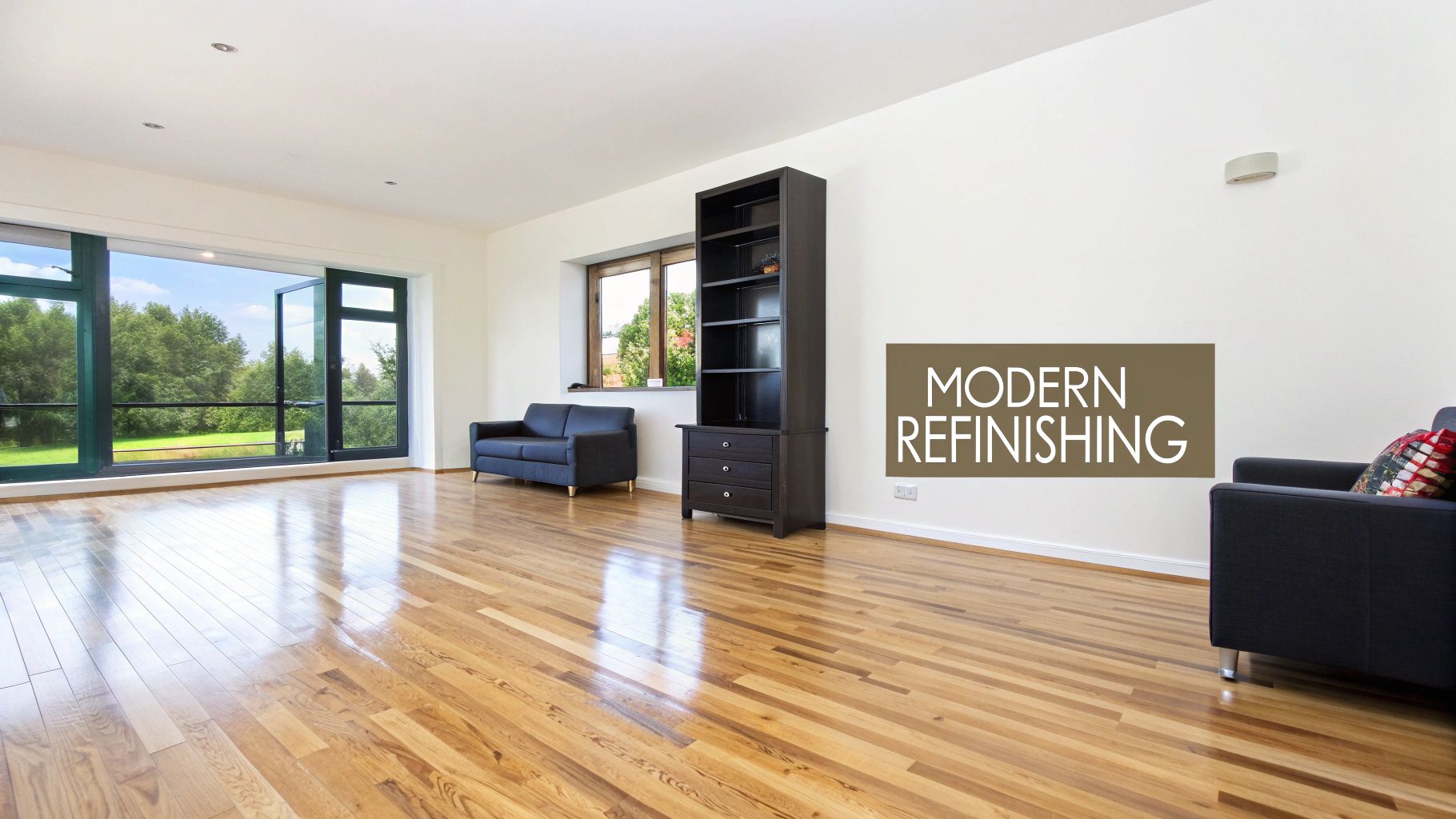 A bright, empty modern living room with newly refinished hardwood floors, large windows, and simple furniture.