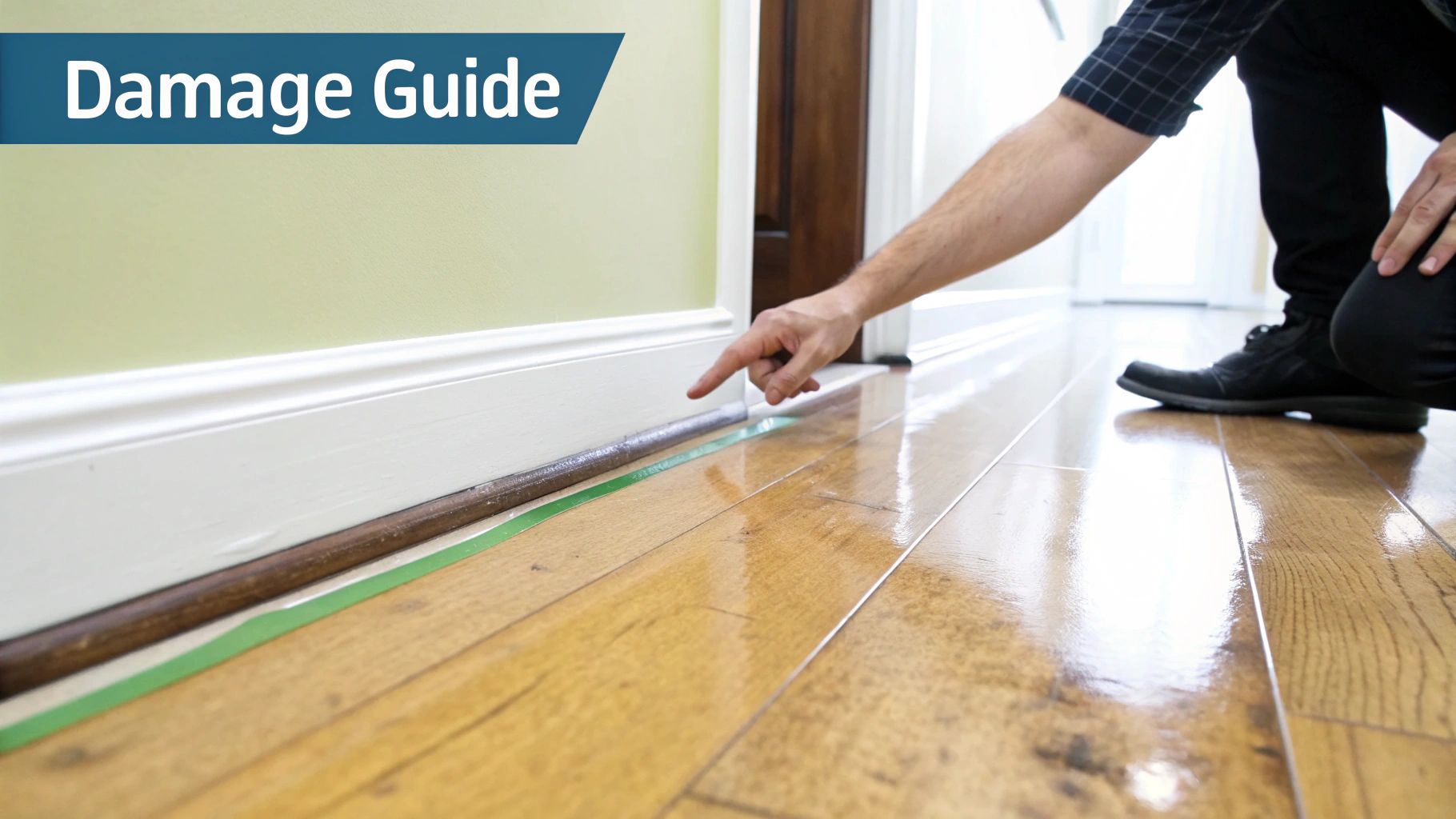 A person points at water damage on engineered wood flooring next to a baseboard, marked with green tape, from a damage guide.