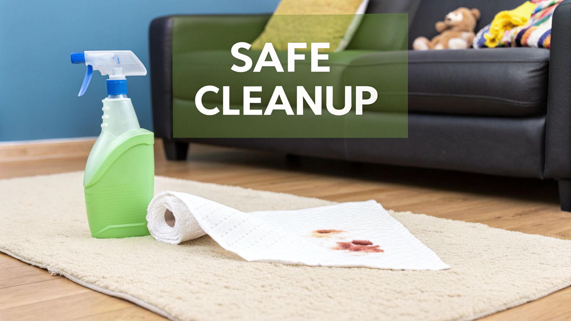 A green spray bottle and paper towels with a red stain on a rug, highlighting 'SAFE CLEANUP'.