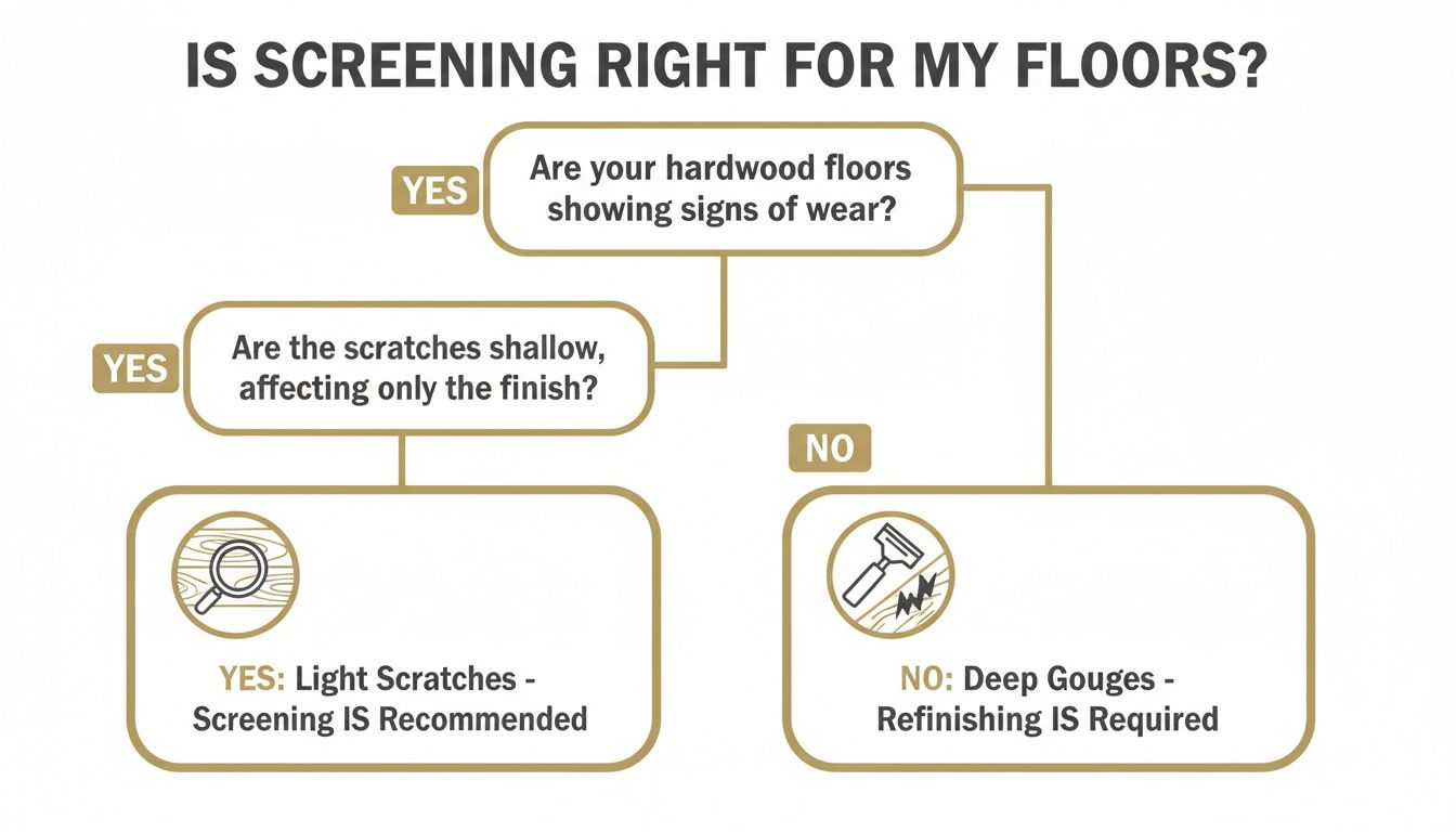 Decision tree showing when to screen or refinish hardwood floors for wear.