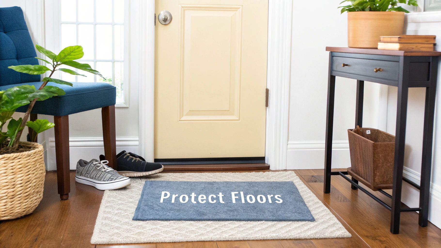 A clean entryway with a blue 'Protect Floors' doormat, a chair, plants, and a console table.