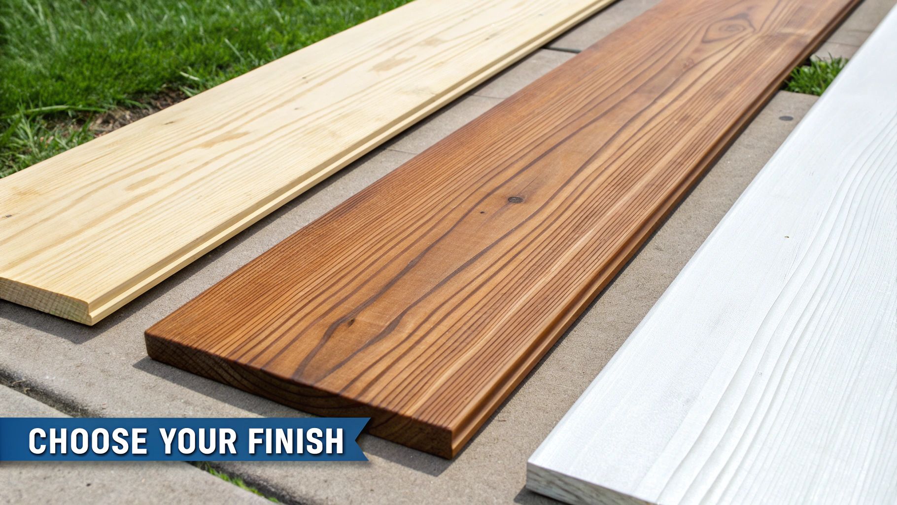 Three wooden planks displaying natural, stained brown, and white finishes on a concrete and grass background.