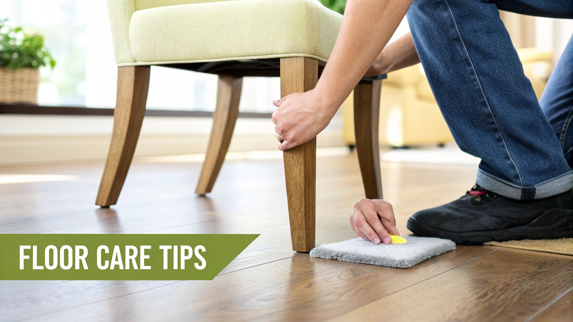 Person kneeling to attach a floor protector pad to a chair leg on a hardwood floor.