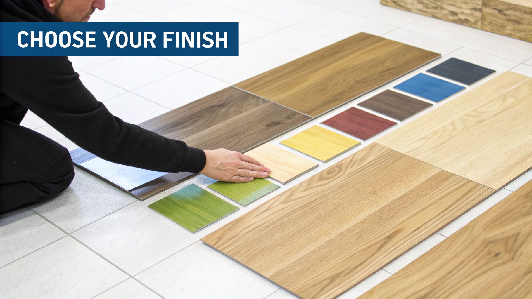 A bottle of hardwood floor finish next to application tools on a freshly sanded floor.