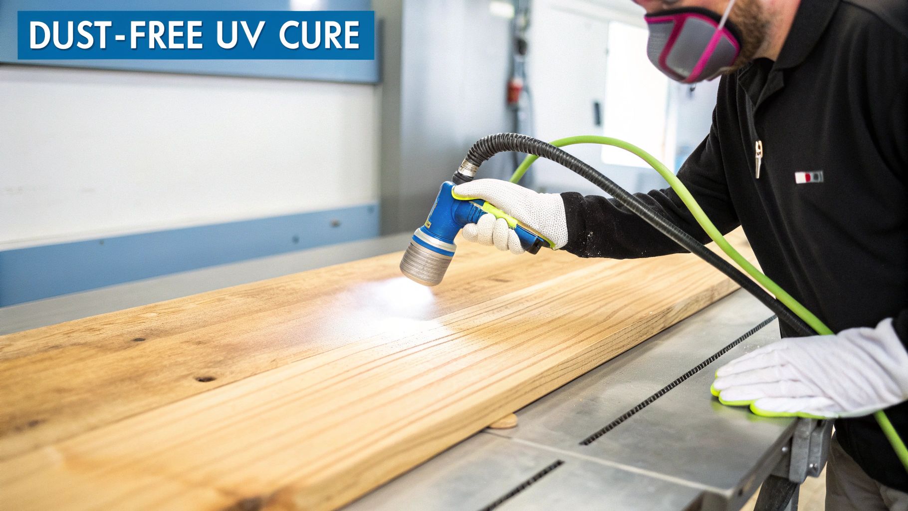 A person in a mask and gloves uses a handheld UV light to cure a wooden board, ensuring a dust-free finish.