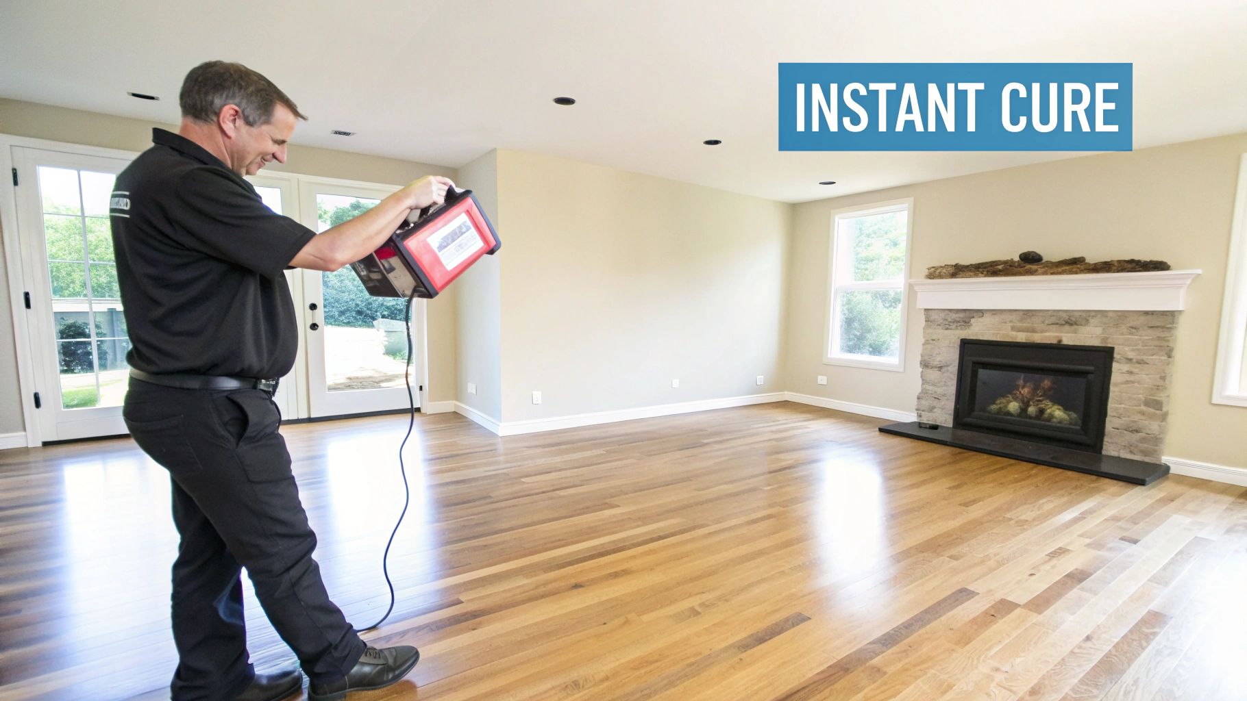 A man in uniform uses a curing device on a newly coated wood floor in a spacious, empty room with a fireplace and windows.