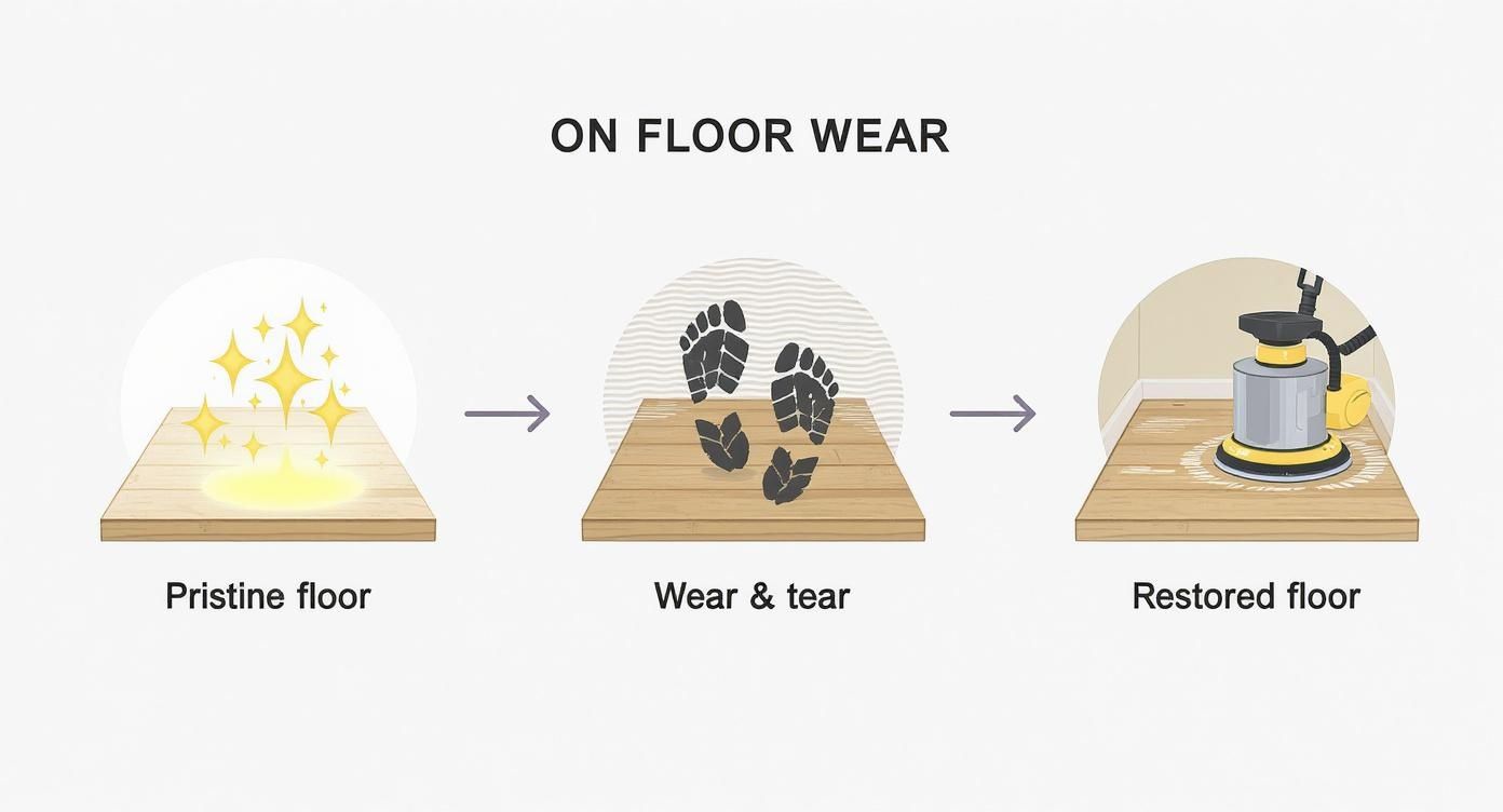Infographic showing the process of a hardwood floor from pristine, to worn, to restored.