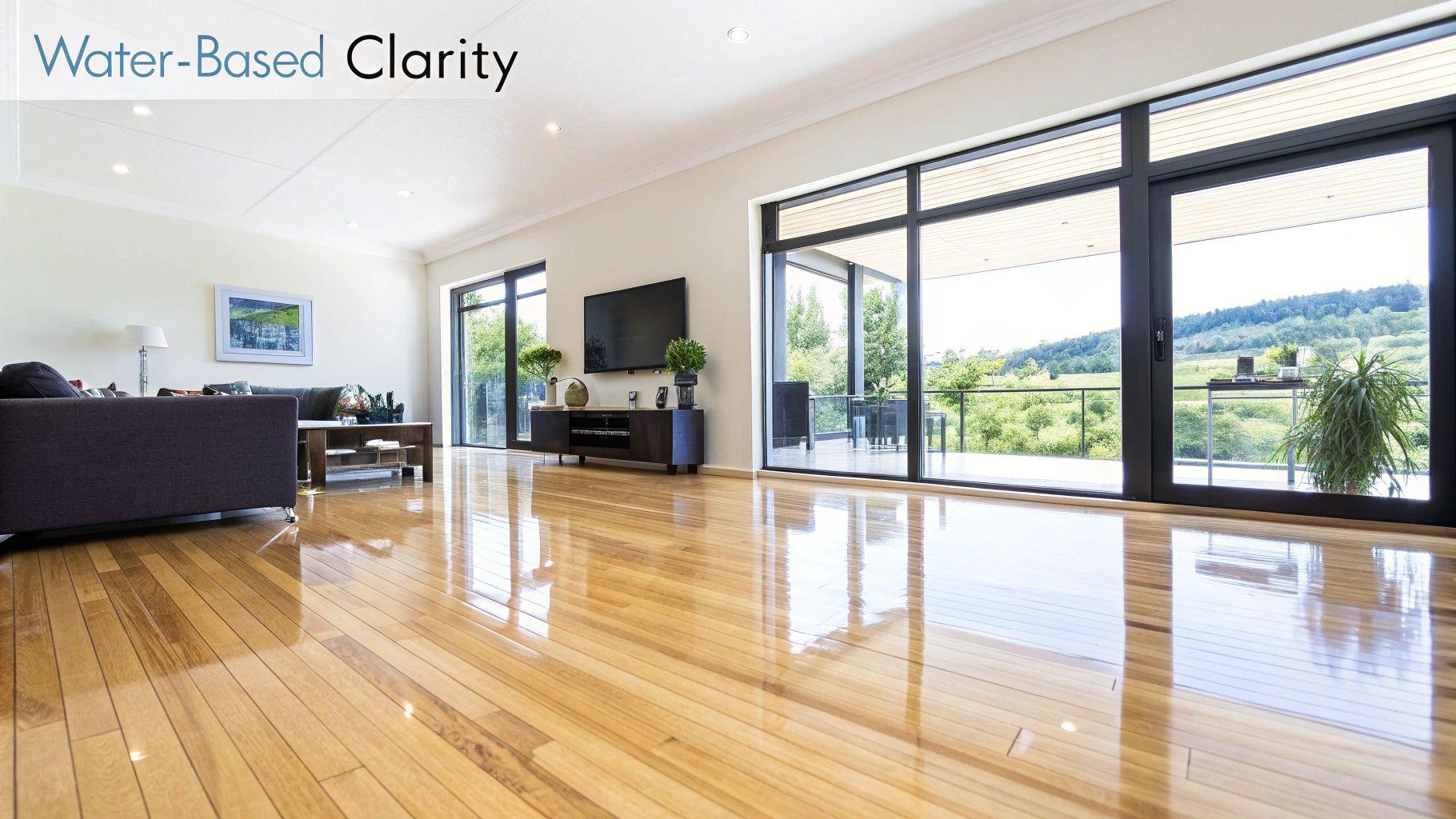 A bright, modern living room with light-colored hardwood floors finished with clear, water-based polyurethane.