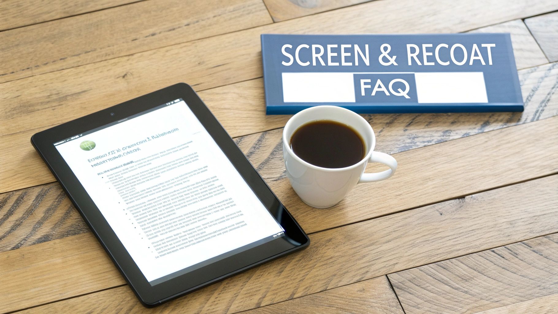 A tablet, a cup of coffee, and a book titled 'SCREEN & RECOAT FAQ' on a wooden desk.