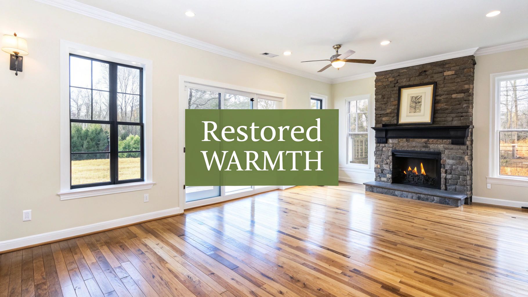 A beautifully refinished engineered hardwood floor in a well-lit living room.
