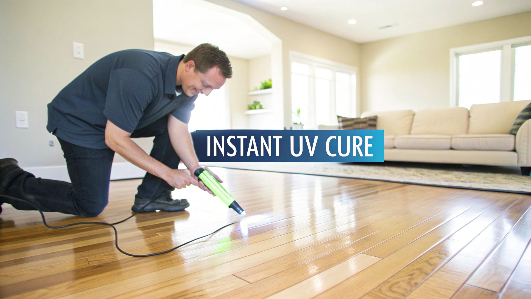 A man kneels on a wooden floor, using a UV light device to instantly cure a floor finish.