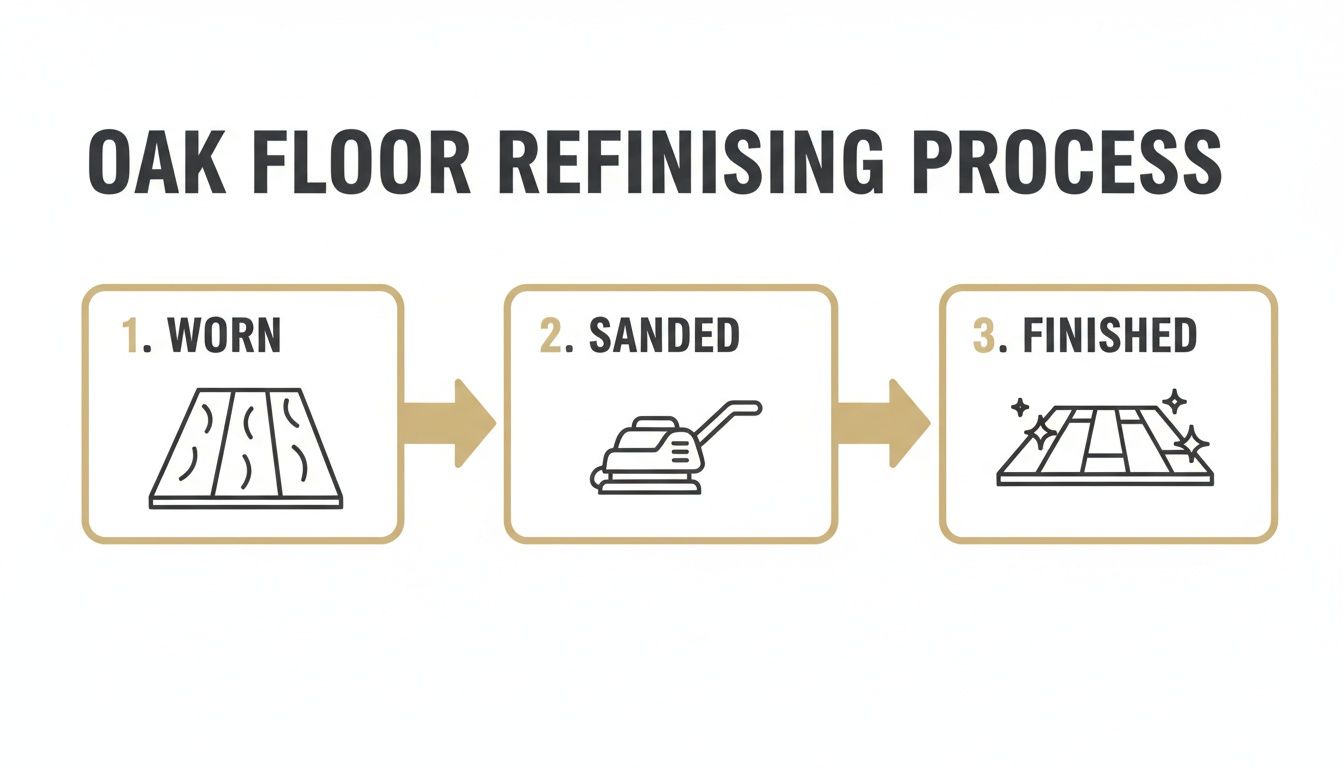 An infographic showing the oak floor refinishing process: 1. Worn, 2. Sanded, 3. Finished and sparkling.