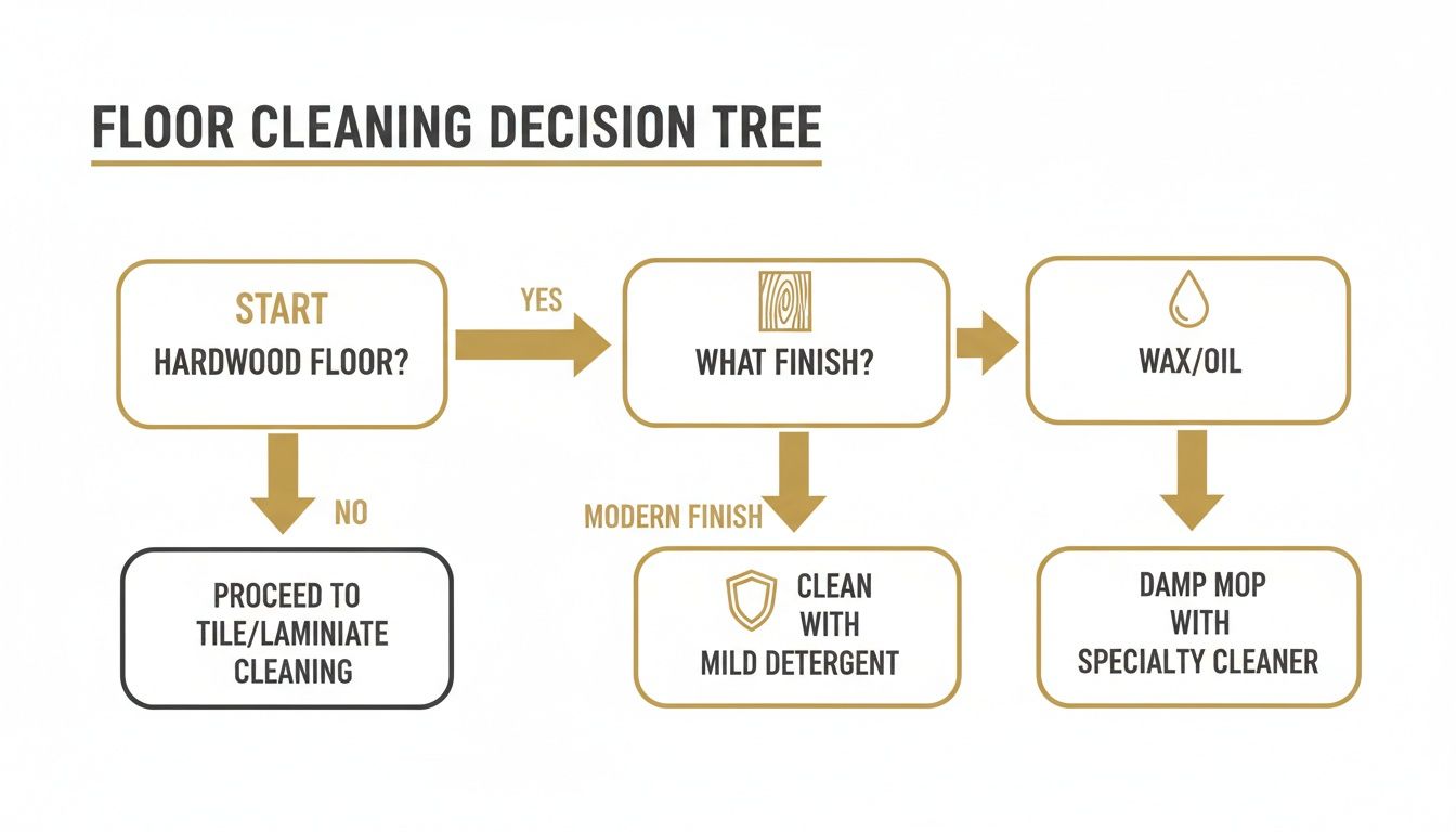 A floor cleaning decision tree flowchart guiding how to clean different floor types and hardwood finishes.