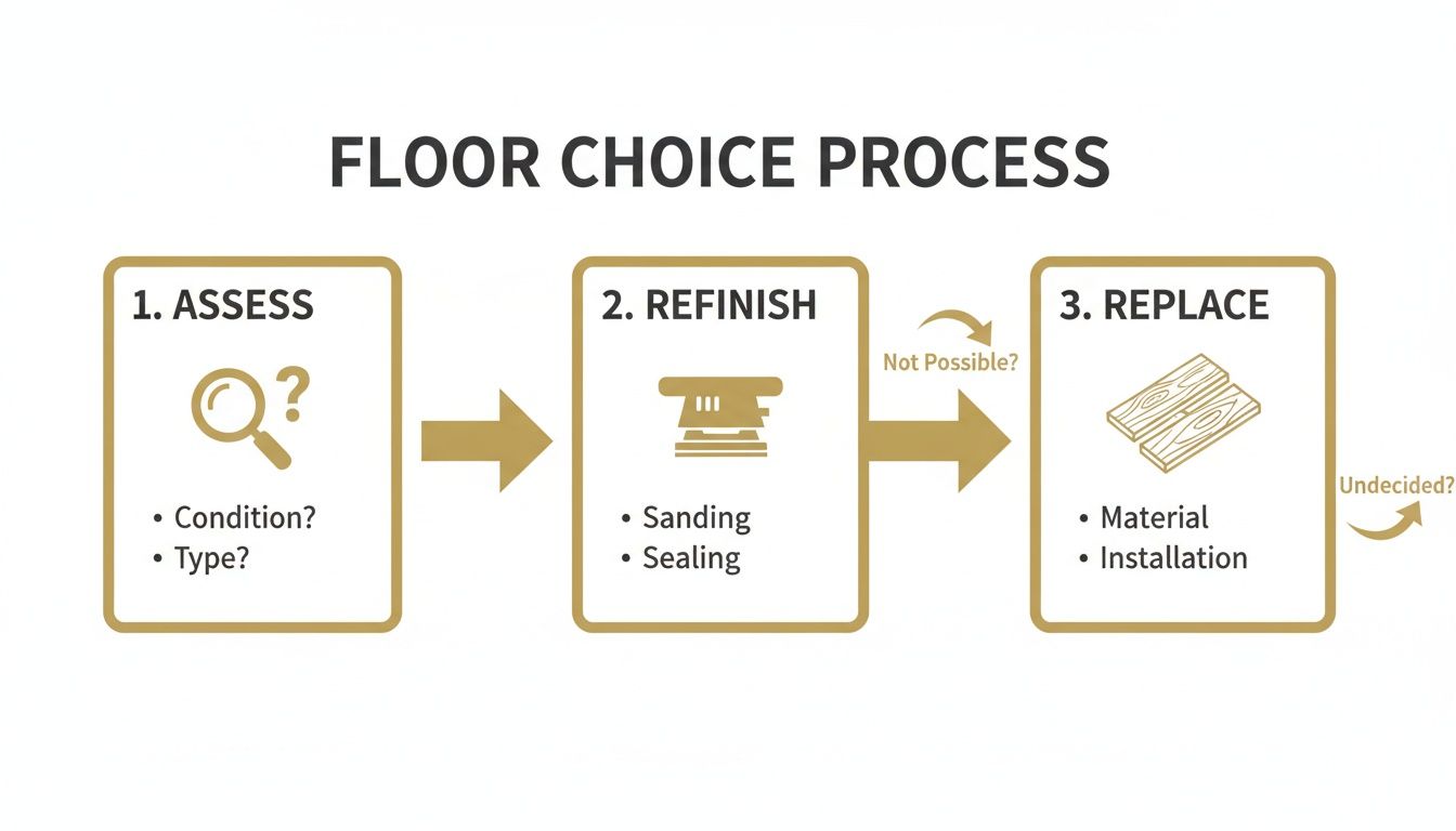 A flowchart outlining the floor choice process: 1. Assess condition/type; 2. Refinish (sanding, sealing); 3. Replace (material, installation).