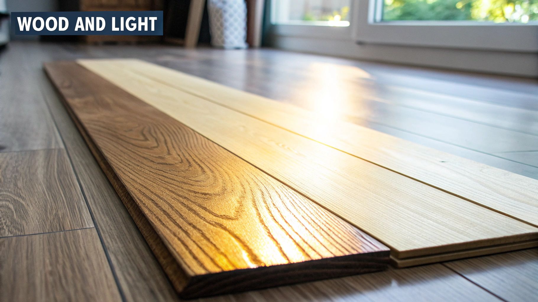 Natural wood flooring planks showcasing rich grain patterns with warm sunlight highlighting different stain colors