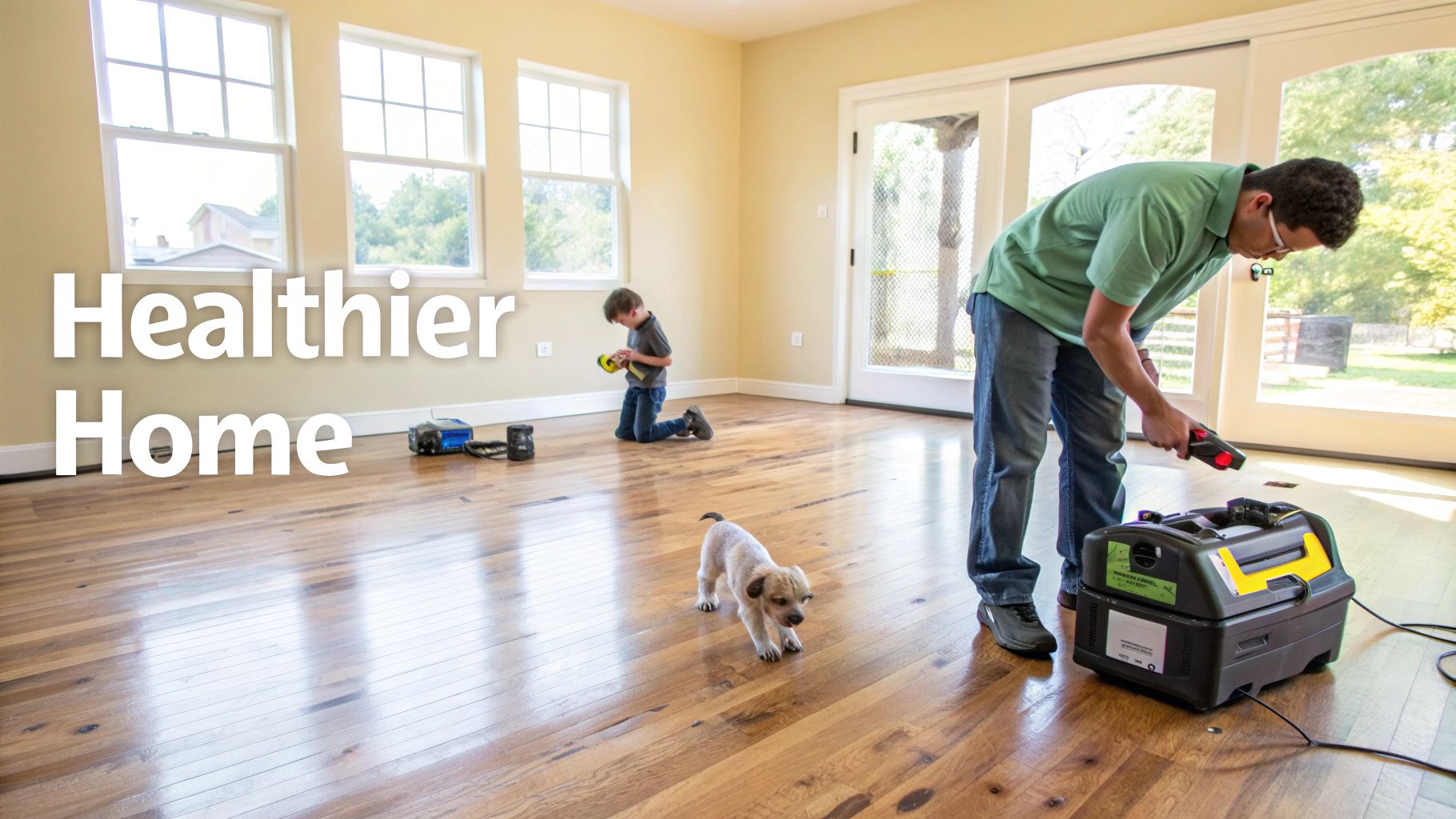 A man uses specialized air purification equipment on hardwood floors to create a healthier home, while a child plays.