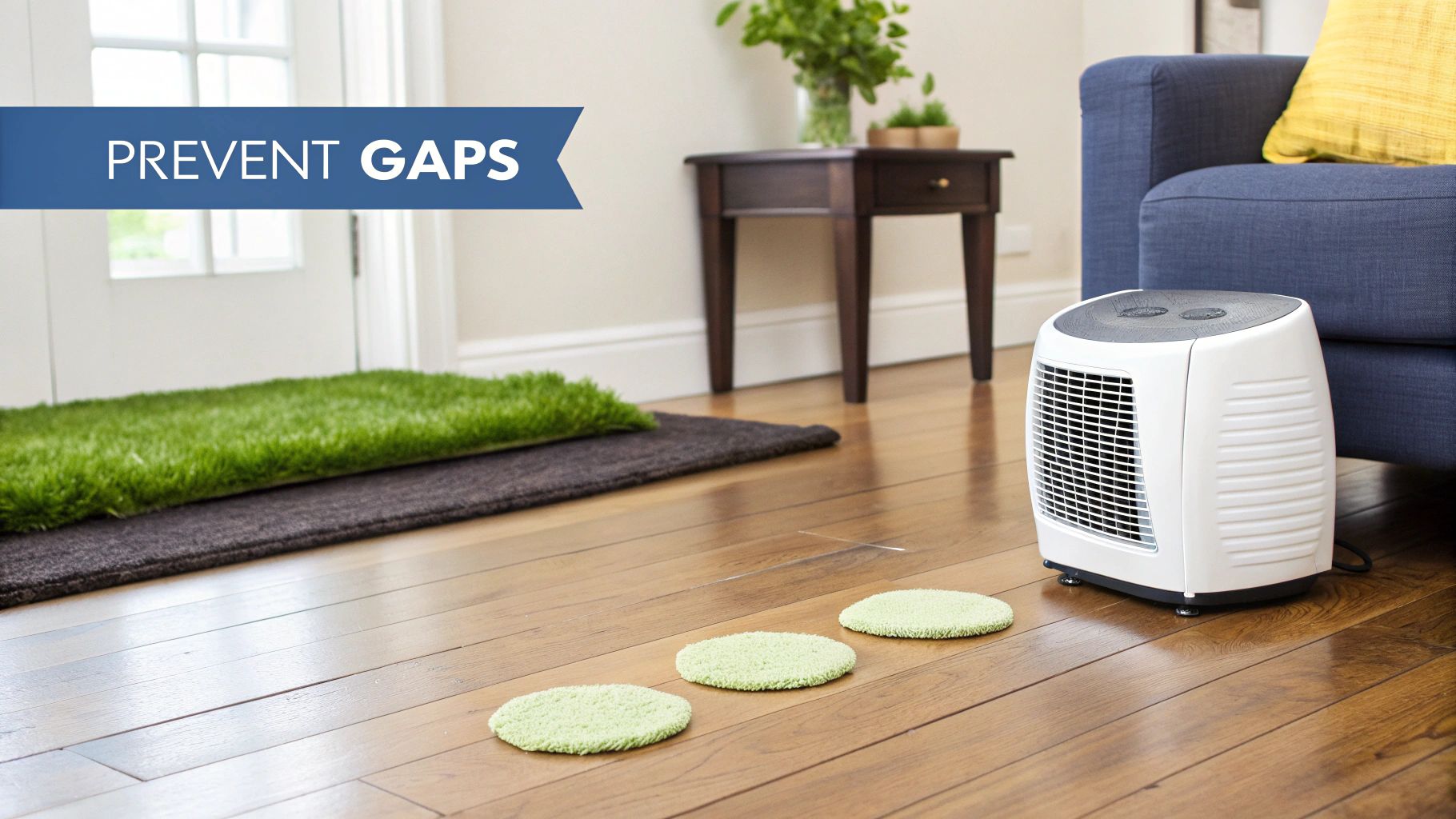 Hardwood floor living room with rugs, a white heater, three green floor pads, and 'PREVENT GAPS' banner.