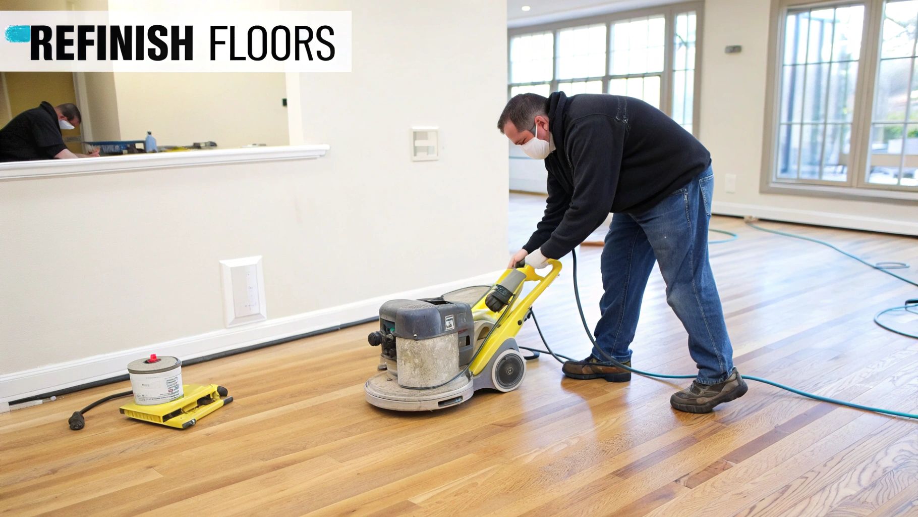 A person in a mask uses a large floor sanding machine to refinish light brown hardwood floors.