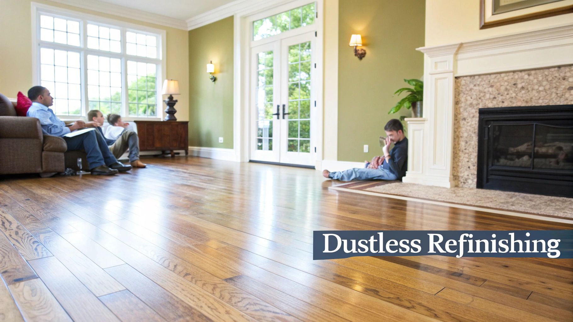 Newly refinished light hardwood floors in a modern living room, showcasing a clean, dust-free environment.
