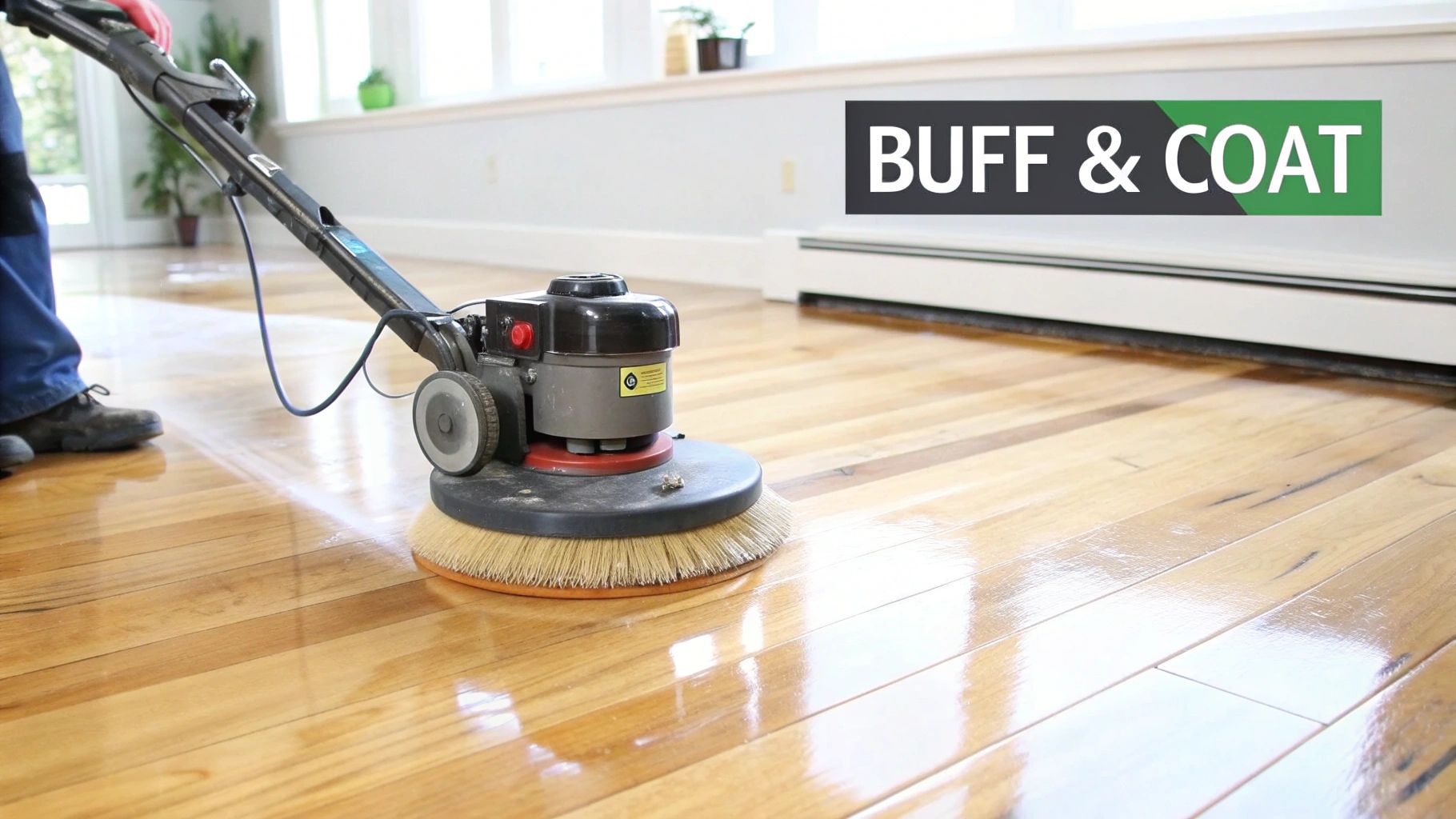A floor buffer being used to screen a hardwood floor, preparing it for a new coat of finish.