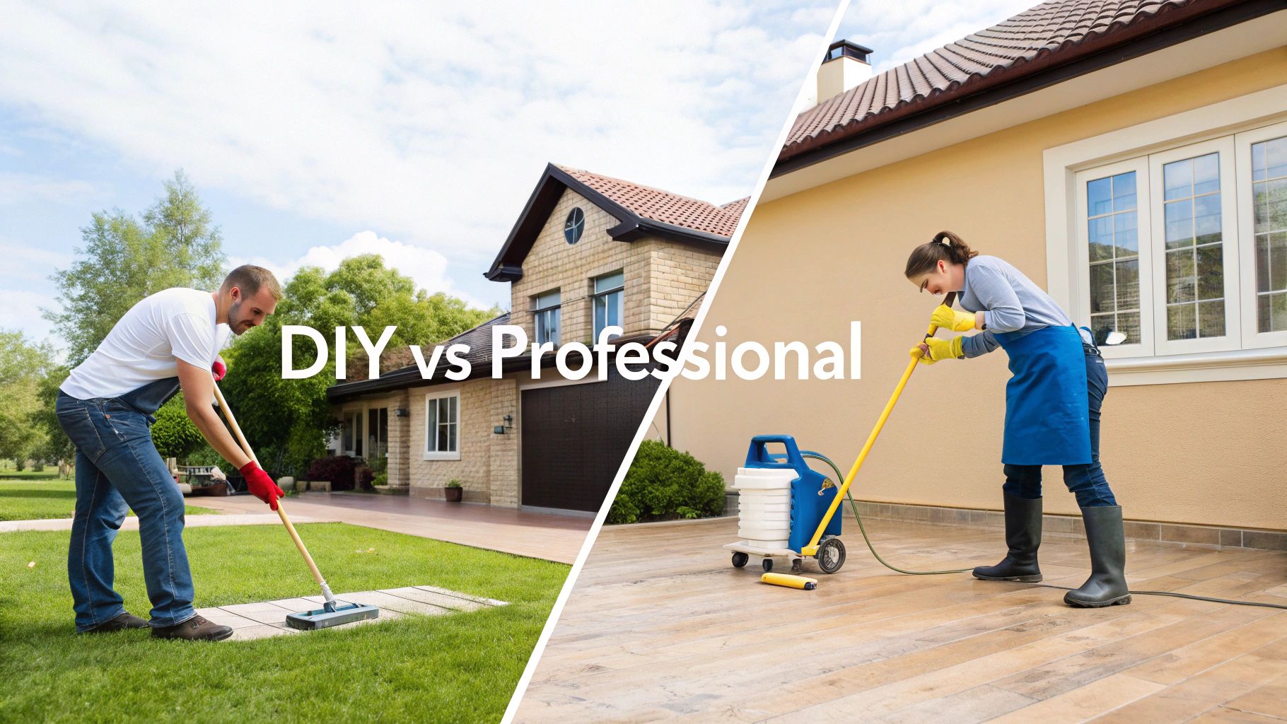 Image of a split-screen showing a dirty floor on one side and a clean, refinished floor on a different side