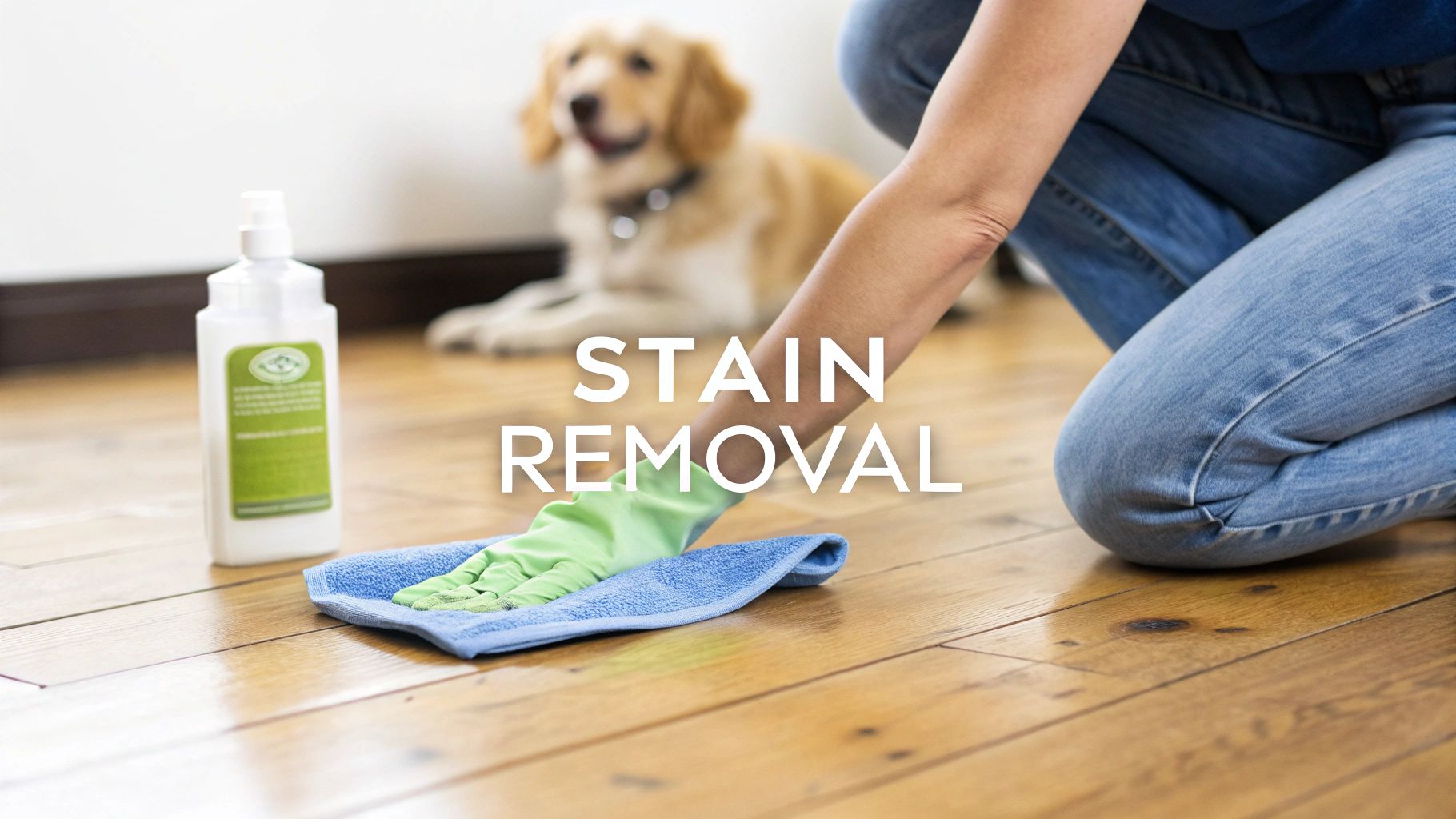 A person in a green glove cleans a wooden floor with a blue cloth and spray, with a dog in the background.