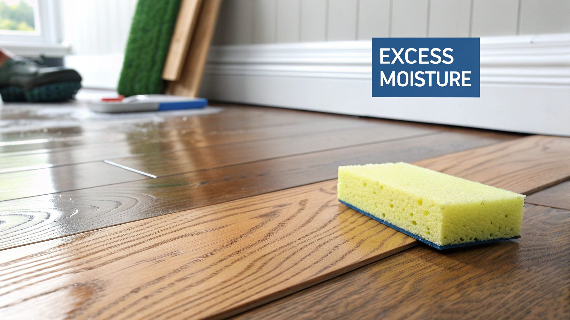 Excess moisture on hardwood floor with water pooling near baseboard and cleaning sponge