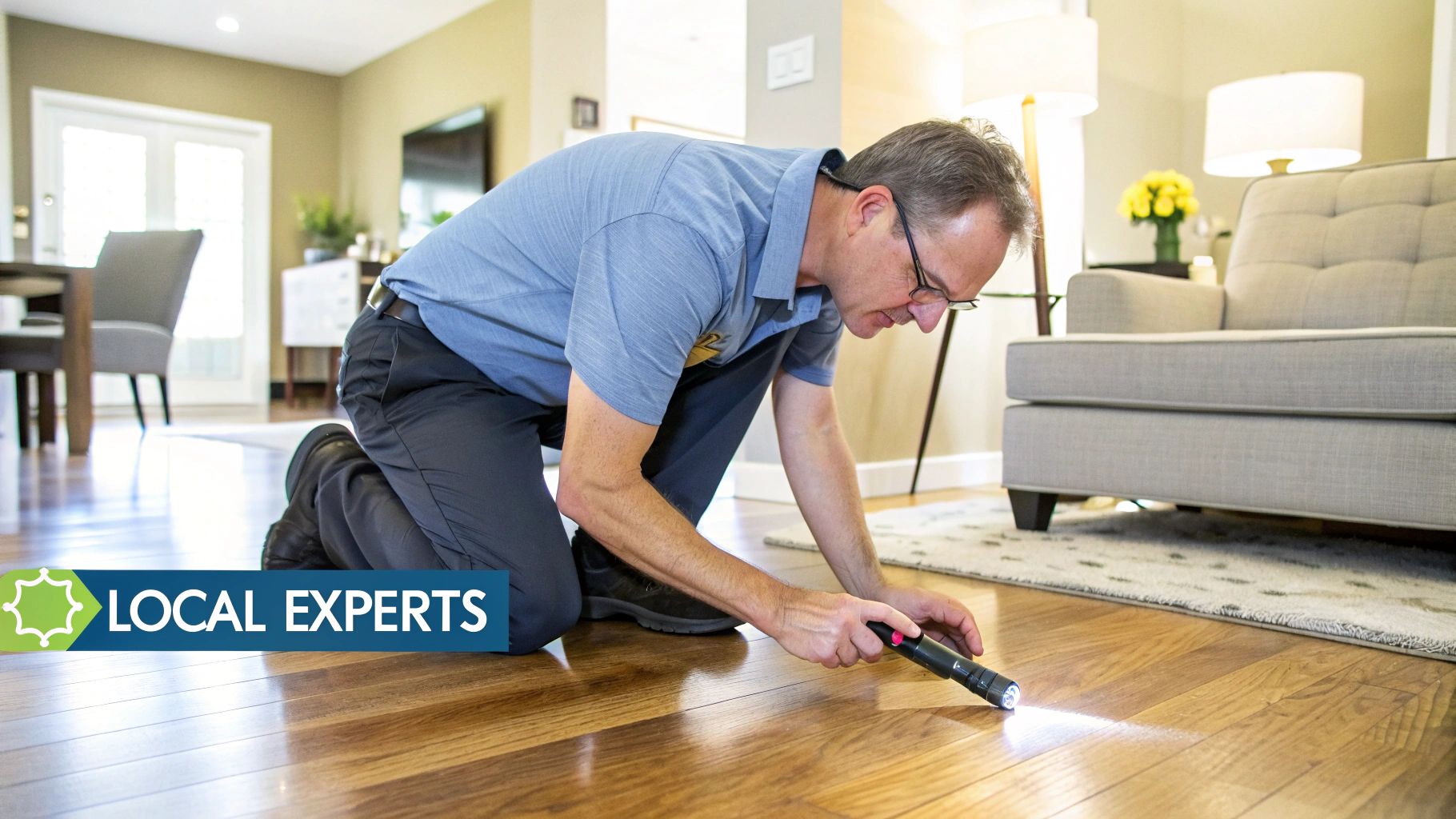 A skilled technician carefully applying a finish to a newly repaired engineered hardwood floor.