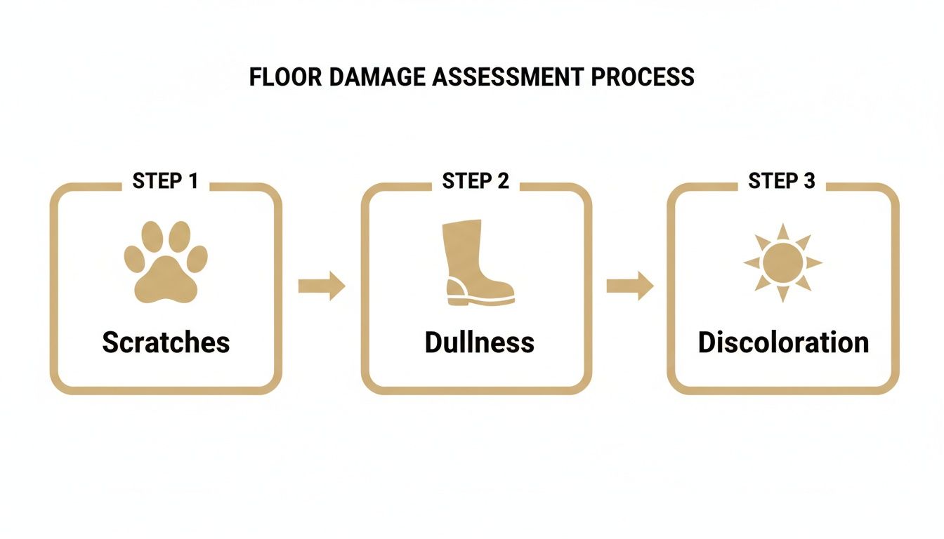 Diagram illustrating the three steps of a floor damage assessment process: scratches, dullness, and discoloration.
