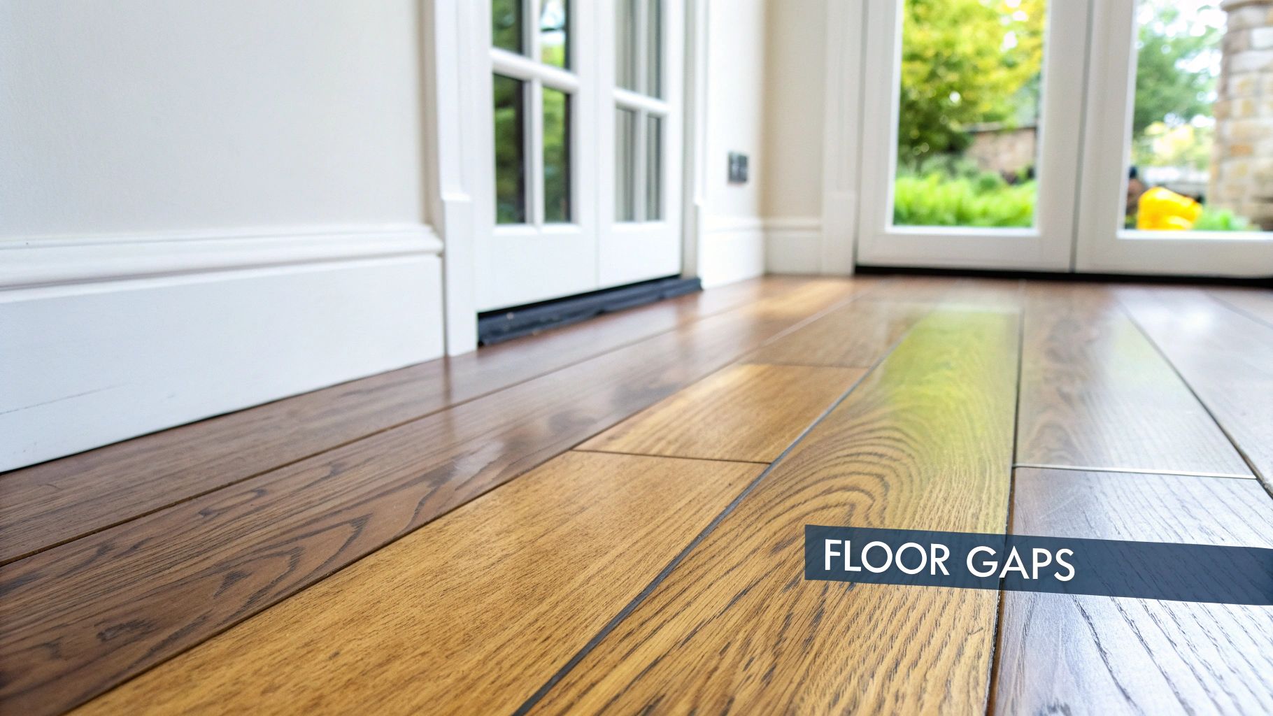 Close-up of a wooden floor with visible gaps, extending towards a white glass door and garden.