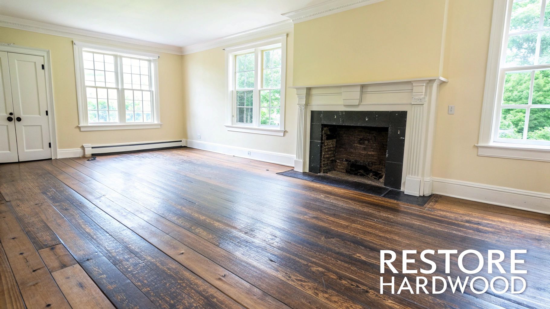 Empty room with wide plank hardwood floors in need of restoration, light yellow walls, and a fireplace.