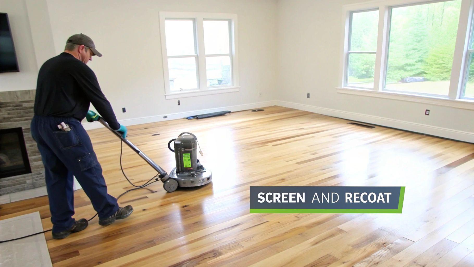 A man in work clothes operates a floor buffing machine on a gleaming hardwood floor.