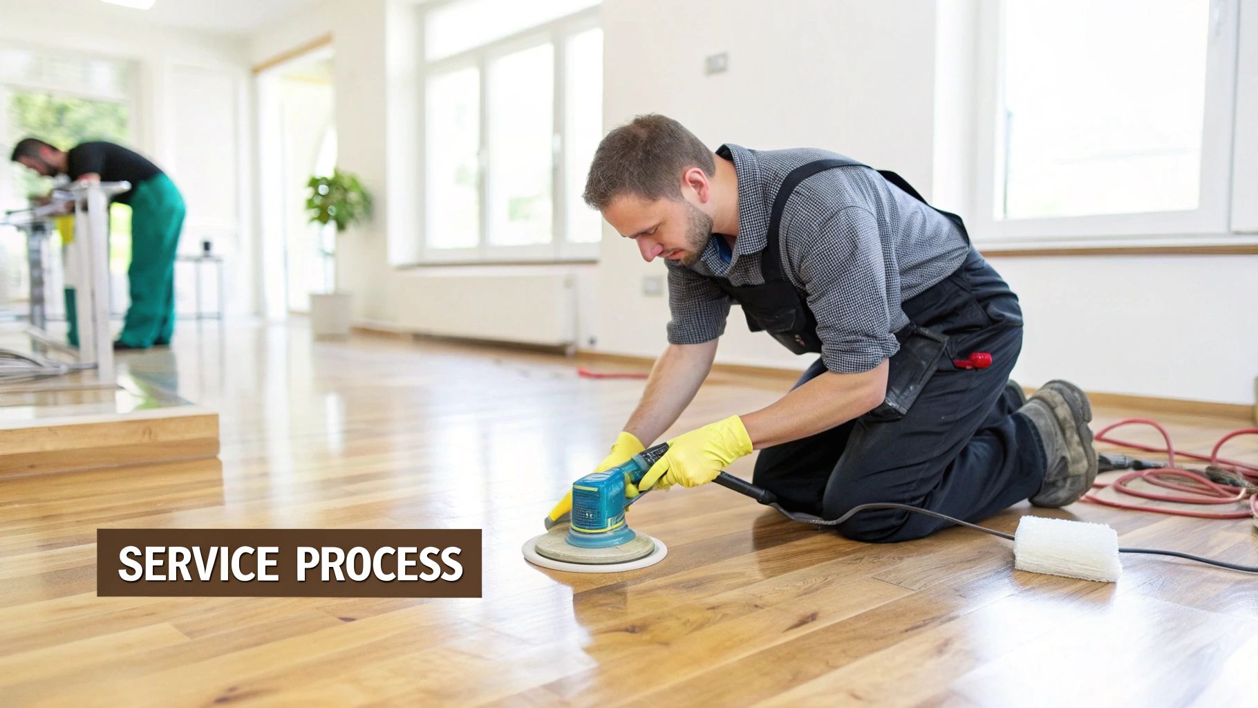 A professional applying a UV-cure finish to a hardwood floor with a special light machine.