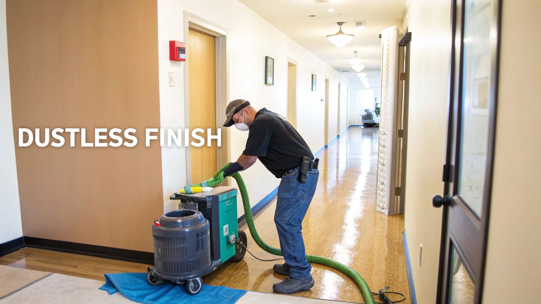 Worker in mask using a floor cleaning machine with a green hose in a long, well-lit hallway.