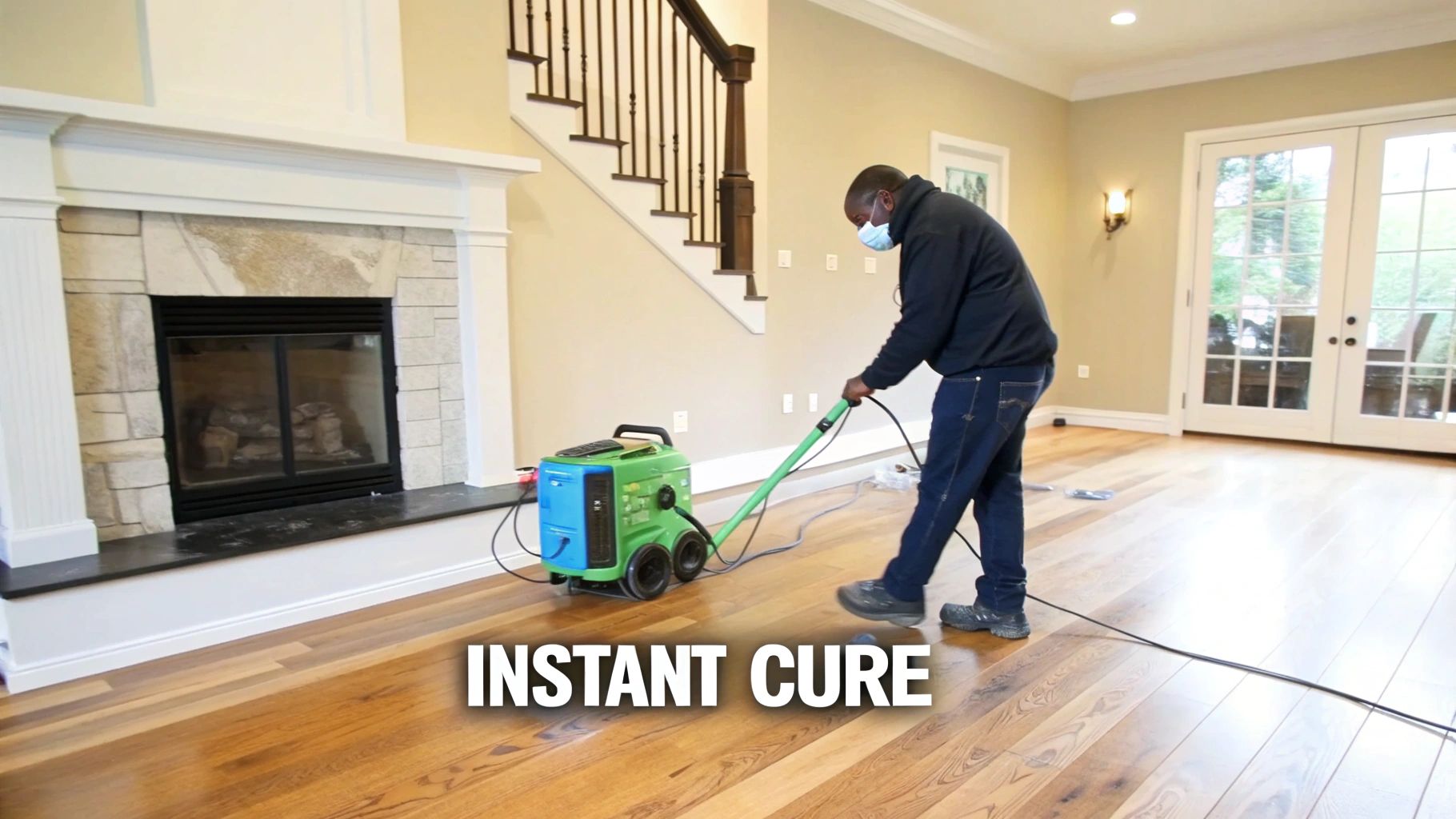A masked worker operates a floor finishing machine on a beautiful light hardwood floor in a home.