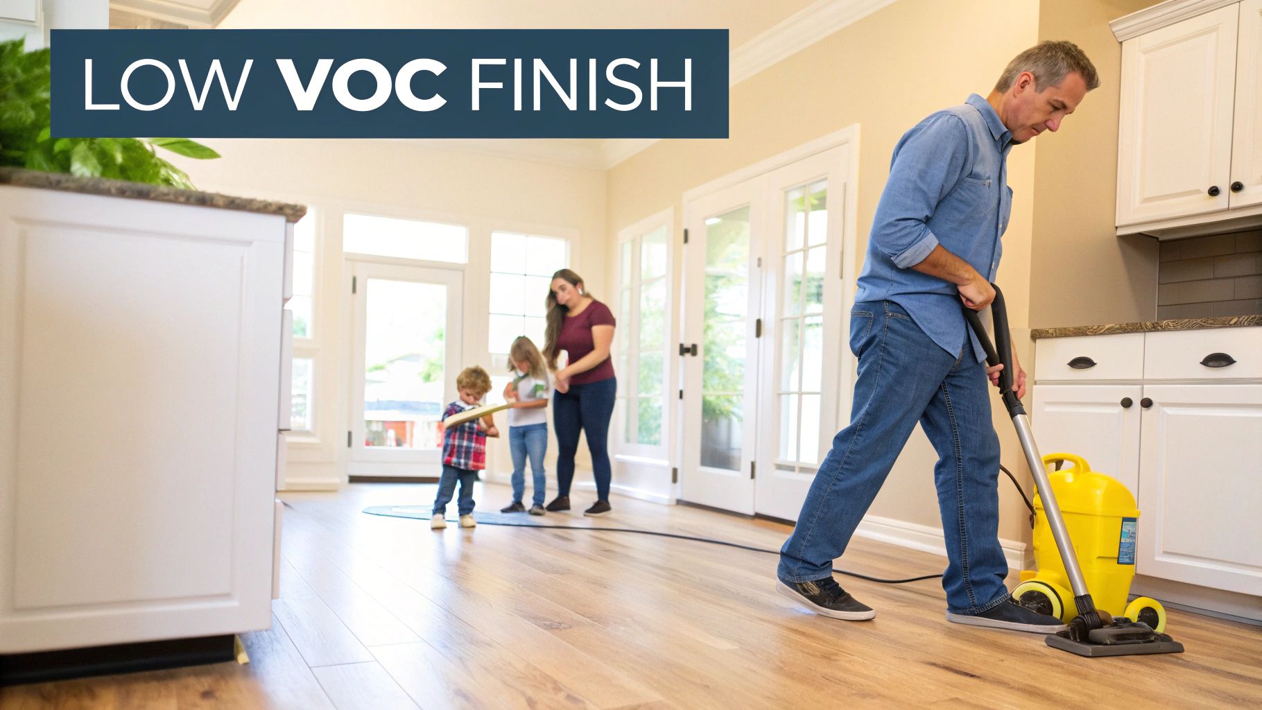 A man vacuums light wooden floors in a modern family home, with a woman and two children in the background. The image has a "LOW VOC FINISH" banner.
