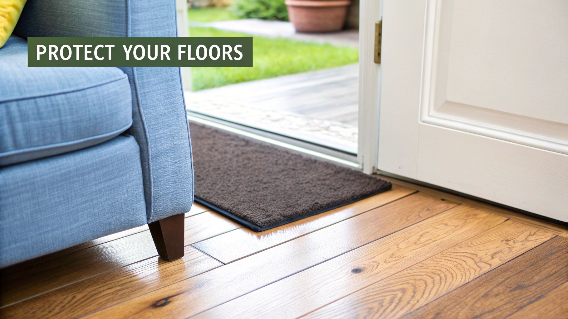 A wooden floor with a blue sofa leg, a doormat at an open door, and 'PROTECT YOUR FLOORS' text.