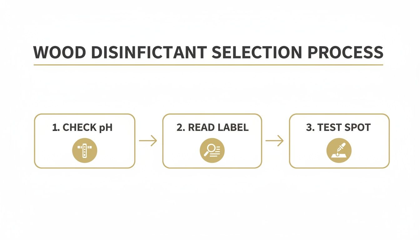 Flowchart illustrating the three-step wood disinfectant selection process: check pH, read label, and test spot.